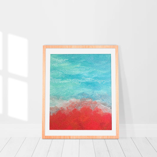 abstract print in a room framed of  red rocks and aqua water Australian abstract landscape