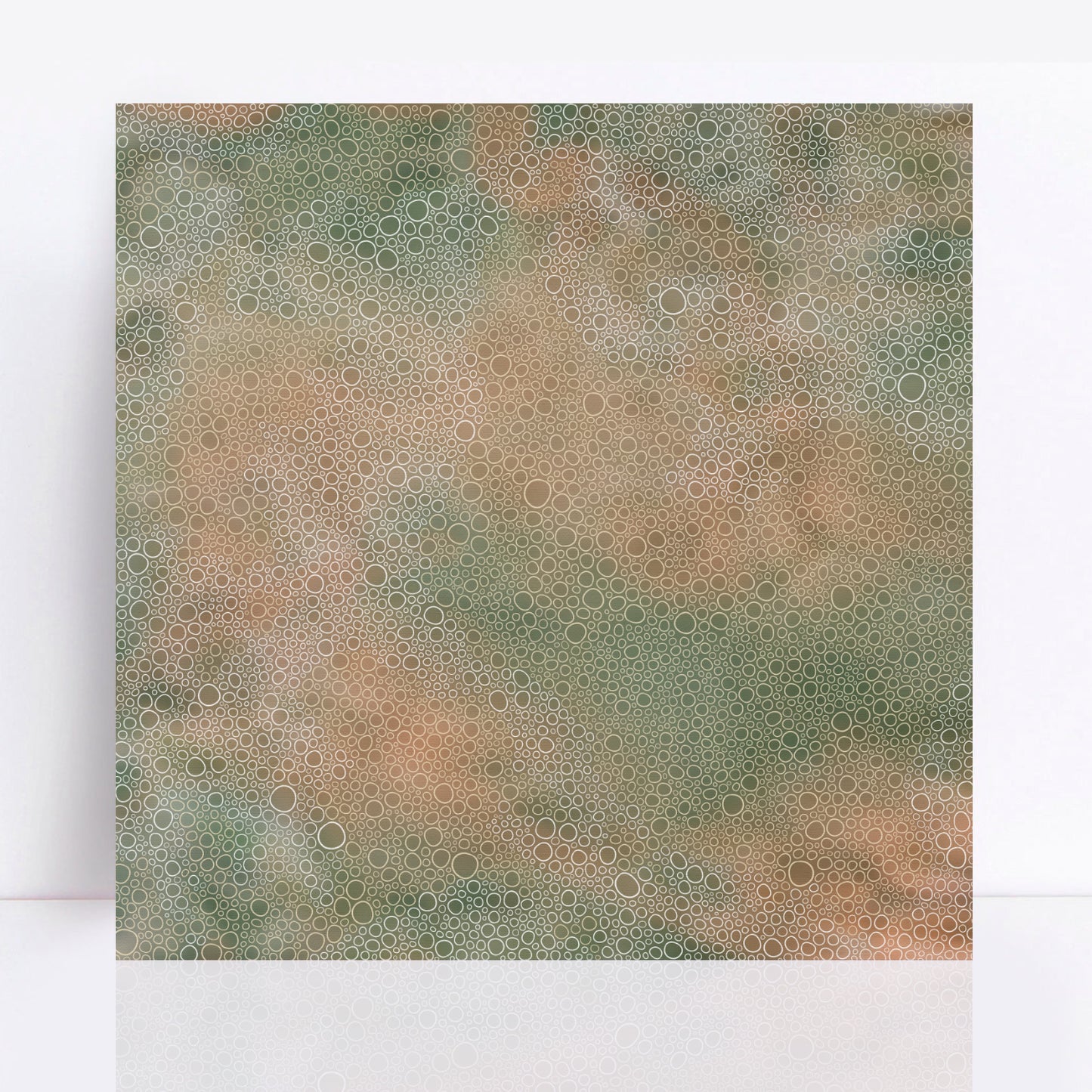 limited edition print with muted shades of soft green, sandy beige, and earthy undertones, captures the essence of serene tropical landscapes with intricate bubble-like textures