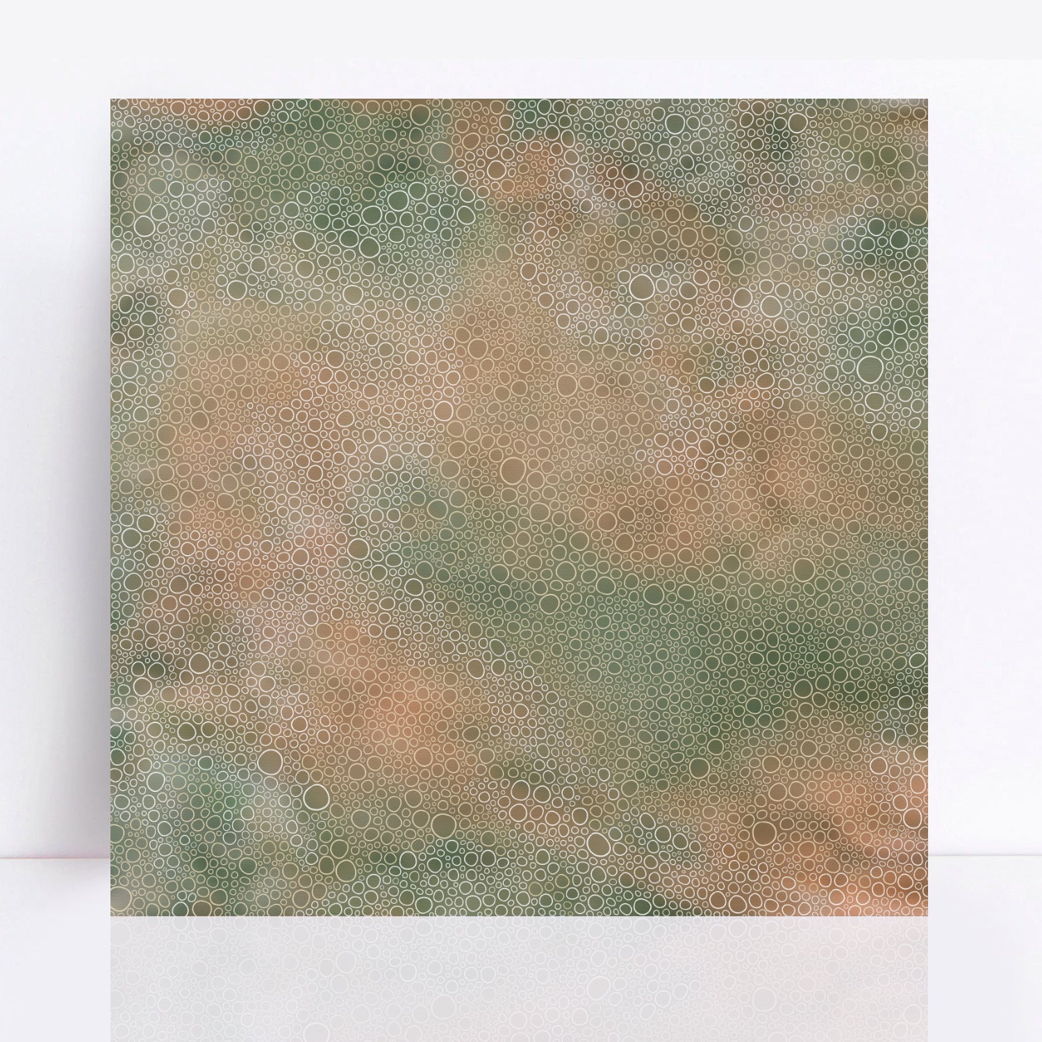 limited edition print with muted shades of soft green, sandy beige, and earthy undertones, captures the essence of serene tropical landscapes with intricate bubble-like textures