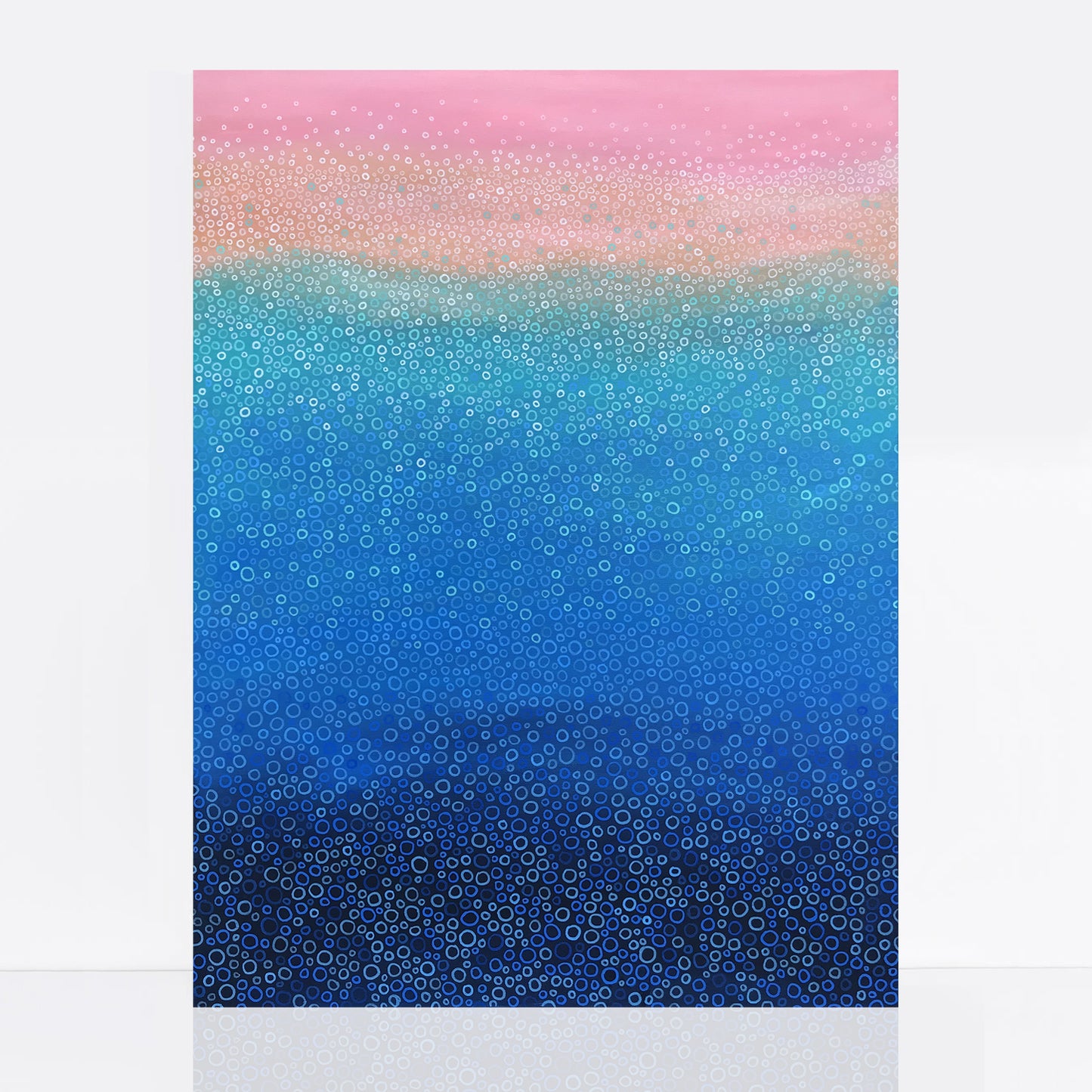 abstract painting in blues, soft pinks and turquoise with hundreds of painted circles