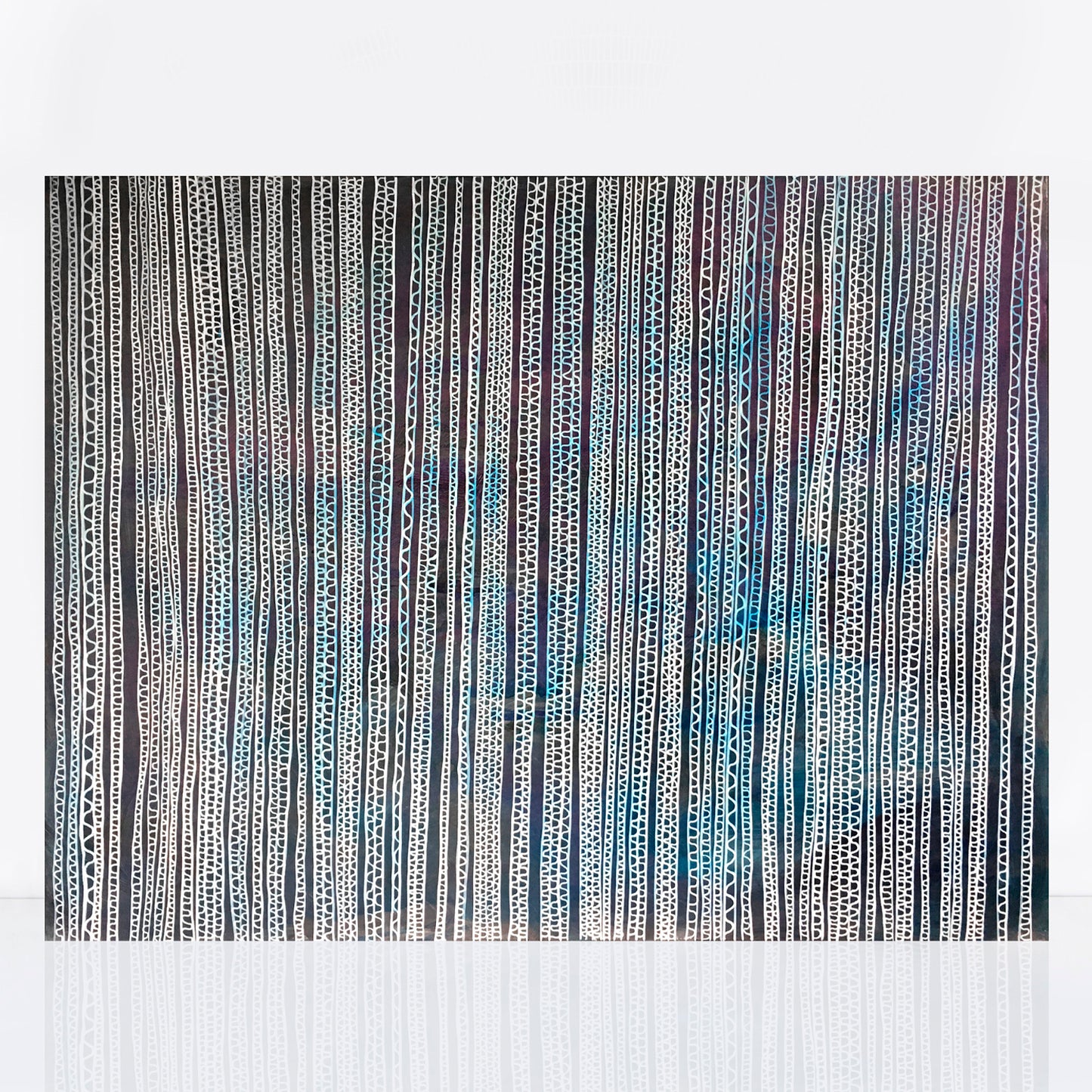 large abstract painting of white lines on a black background