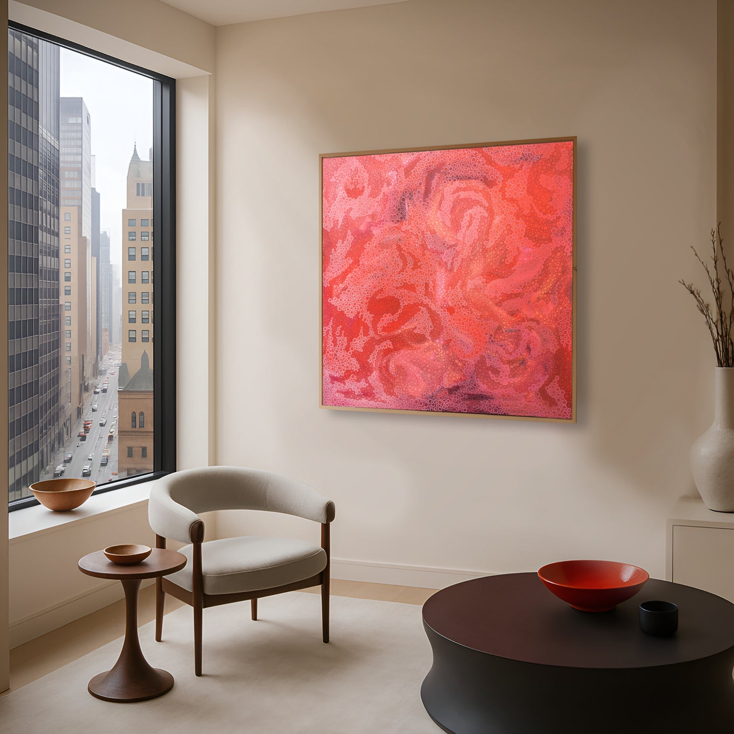 Bold red artwork in Chic City Apartment