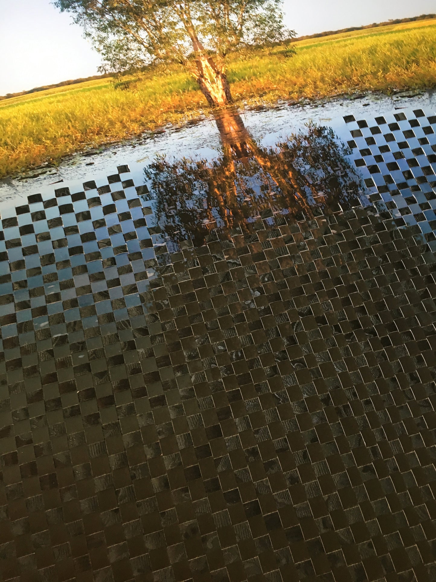 Woven family tree still waters Mixed Media Landscape with Abstract Weaving