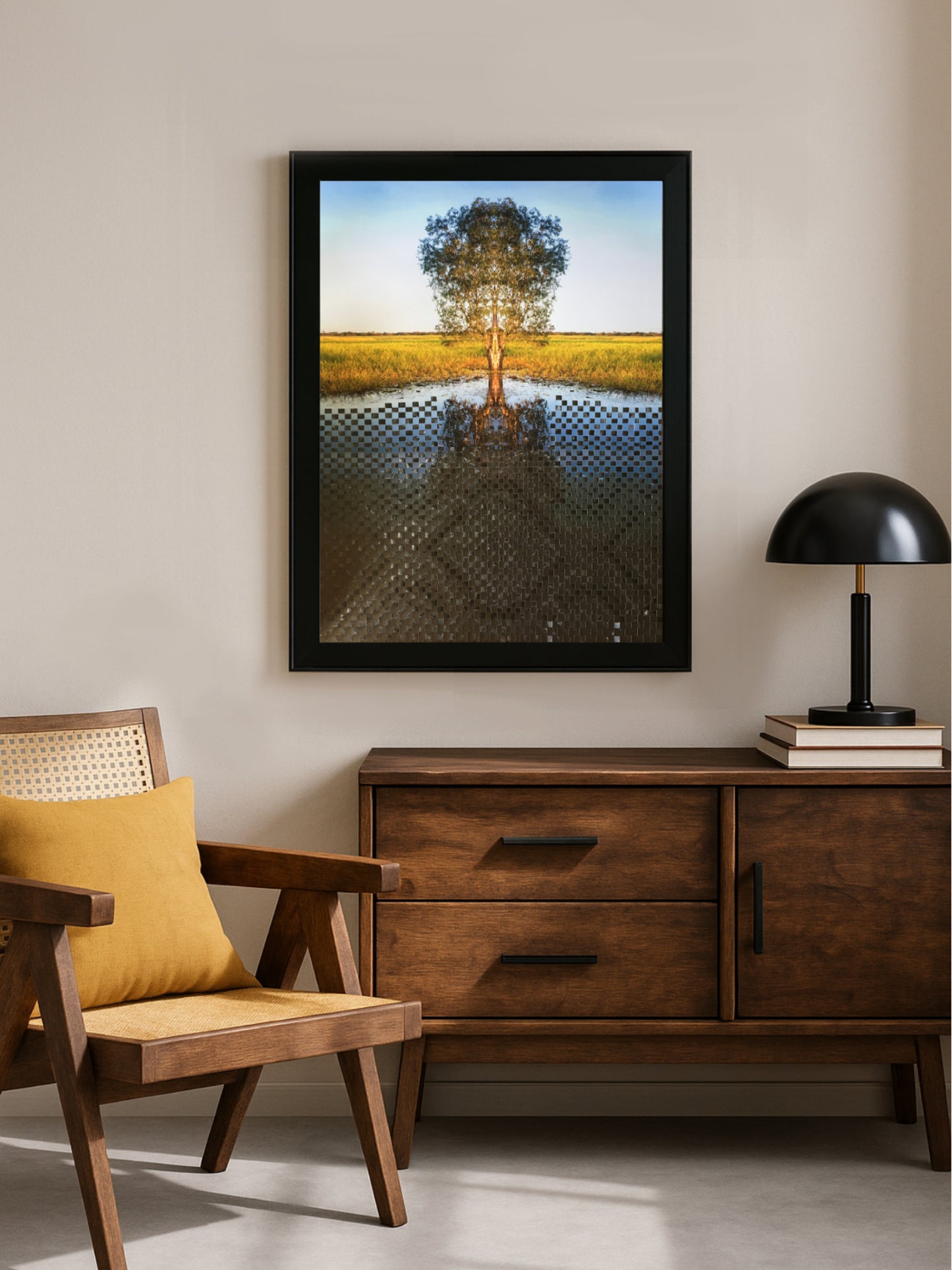 Woven family tree still waters Mixed Media Landscape with Abstract Weaving