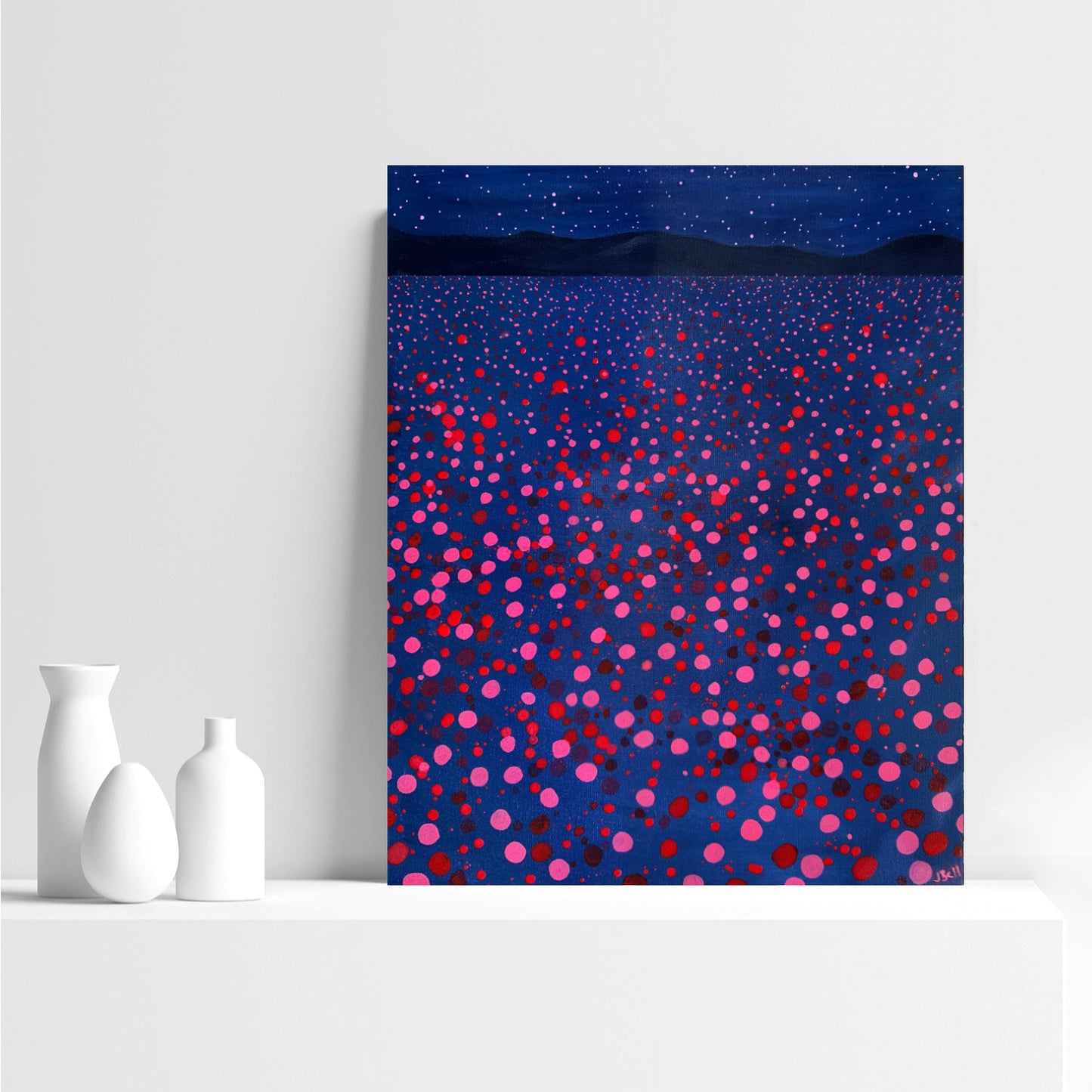 Flower Field V - Dreamlike Abstract Floral Painting in Red, Pink & Midnight Blue