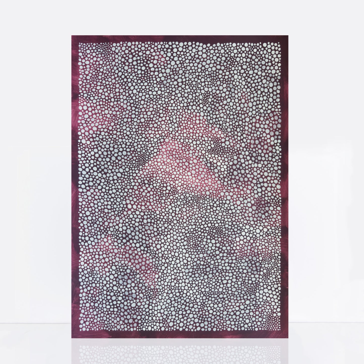 abstract artwork with plum background adorned with delicate white dots