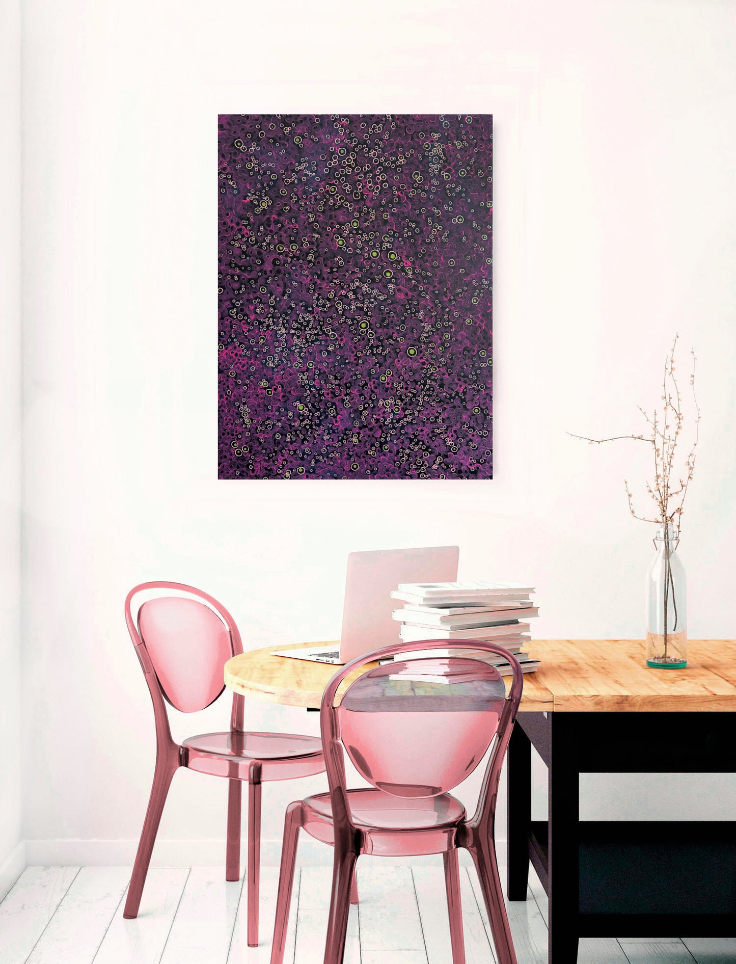 Infinite Space – Original Abstract Painting | Plum & Pink Circular Patterns on Deep Blue
