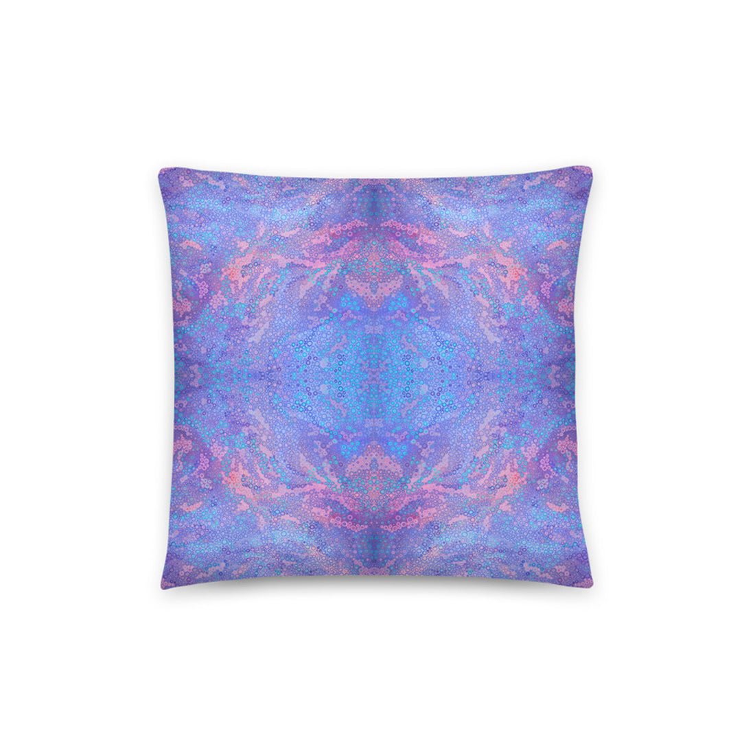 beautiful cushion cover features a kaleidoscopic purple blue artwork