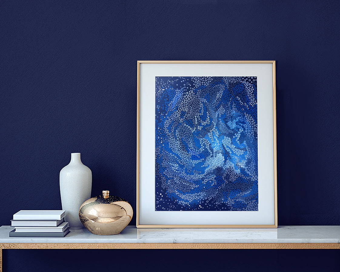 Limited edition abstract art print in deep blues and greys with swirling brush strokes and fine lace-like circular details.