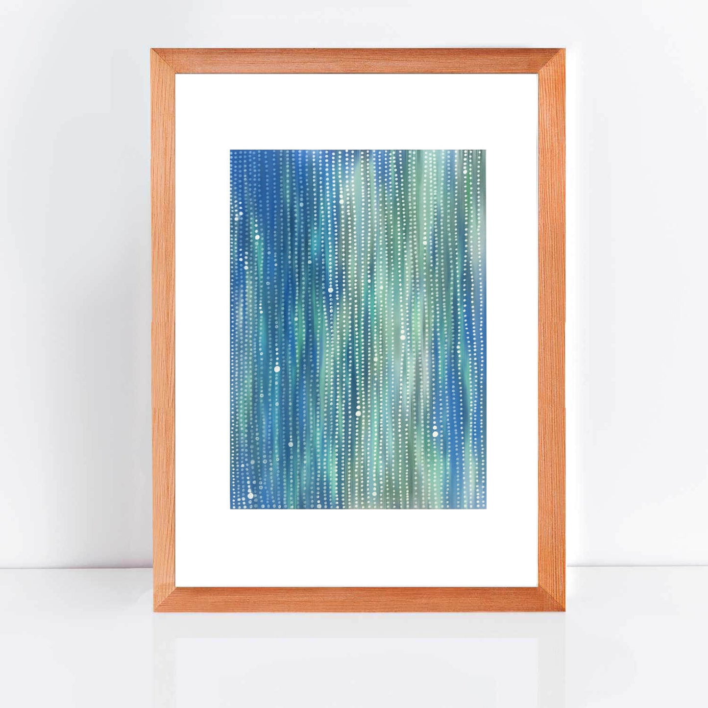 colourful work on paper with blue green background and white detail reminiscent of rain