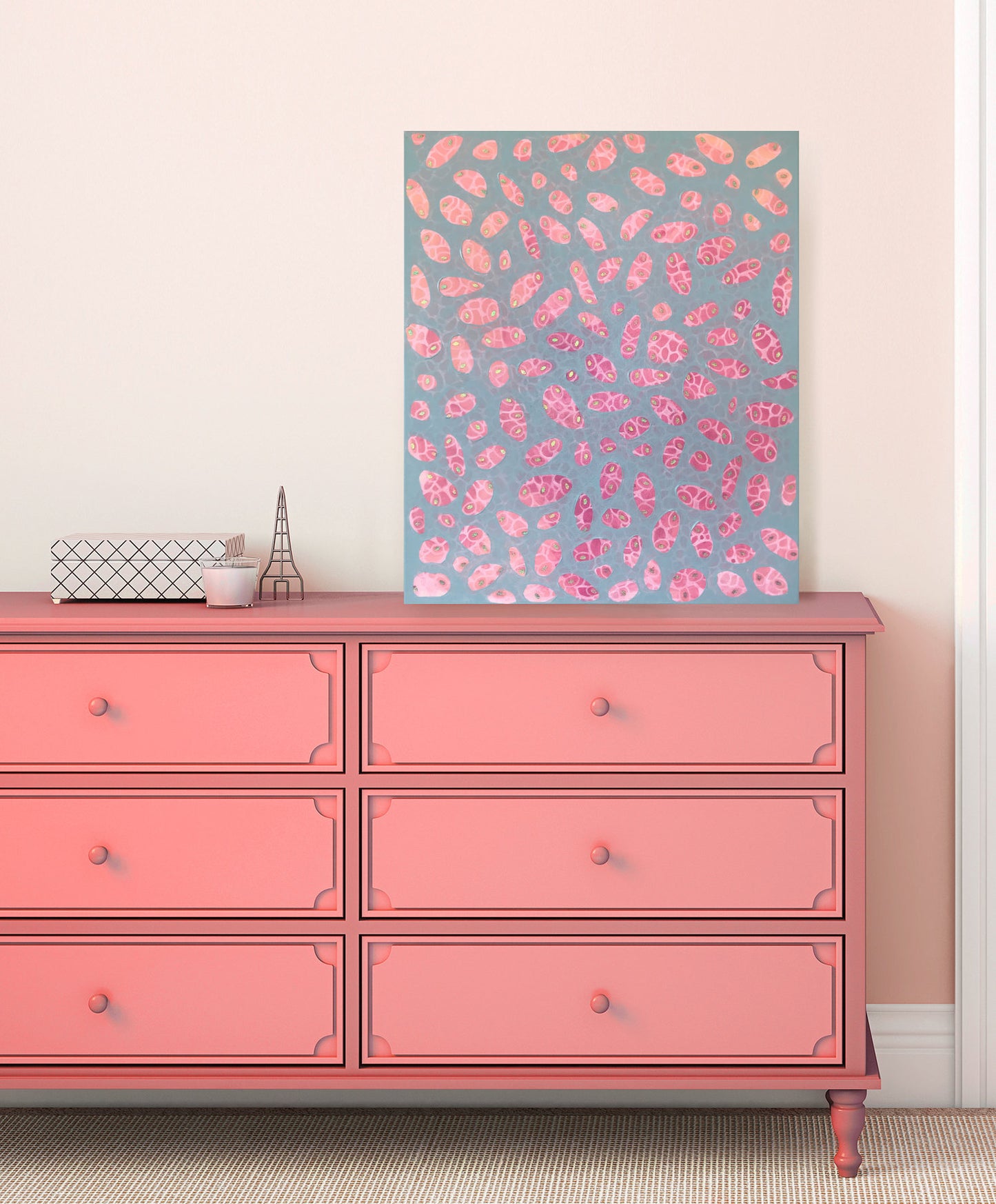 Rose Pebbles – Abstract Mixed Media Painting with Shimmering Paper Detail