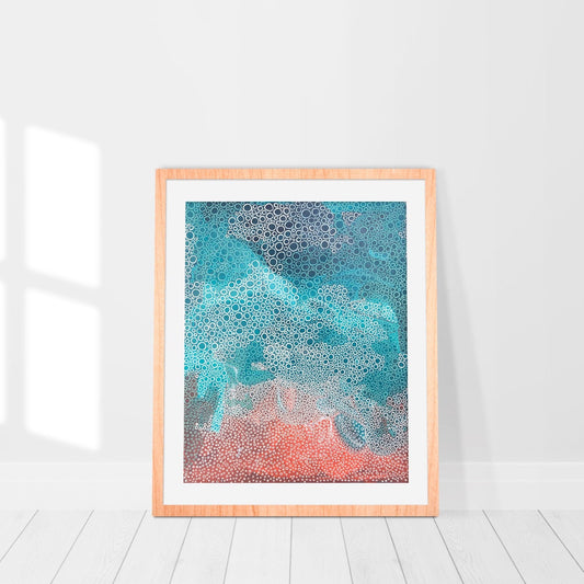 limited edition print of an original abstract painting is suggestive of waves washing onto the beach leaving behind the little bubbles. In a pretty mix of turquoises and pinks. 