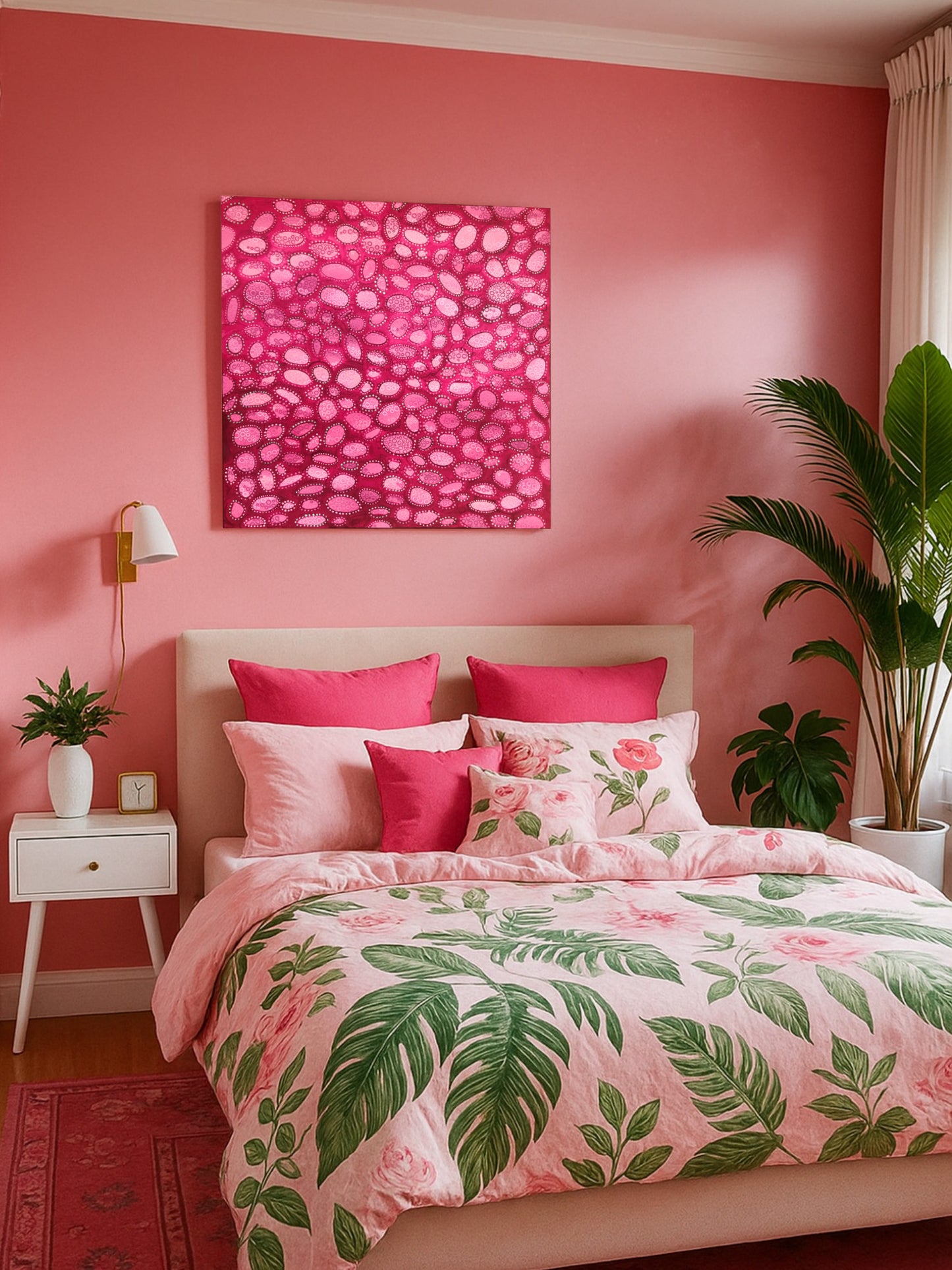 Bedroom with pink walls, floral bedding, and a pink abstract painting.