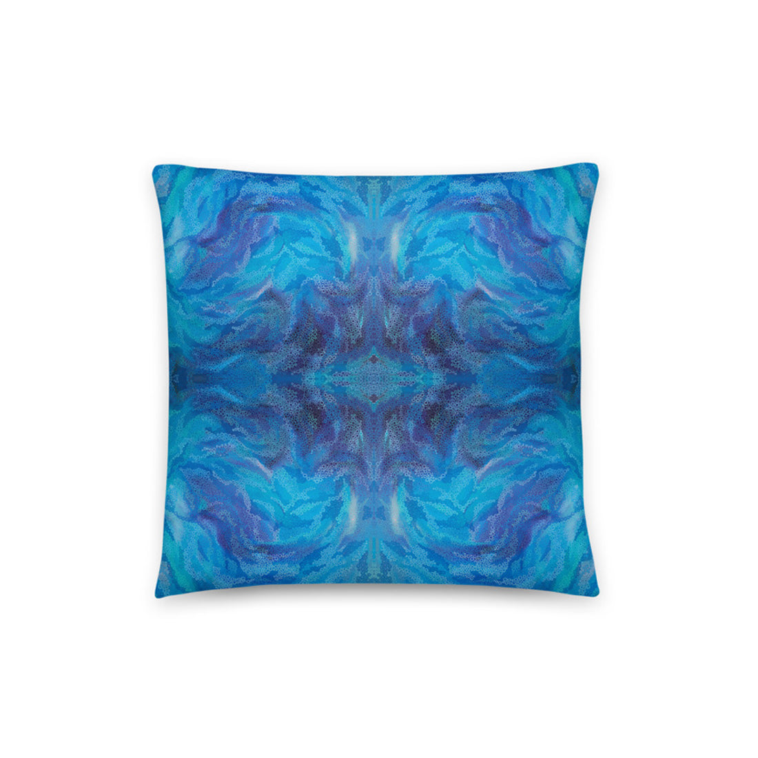 cushion cover features a kaleidoscopic blue abstract