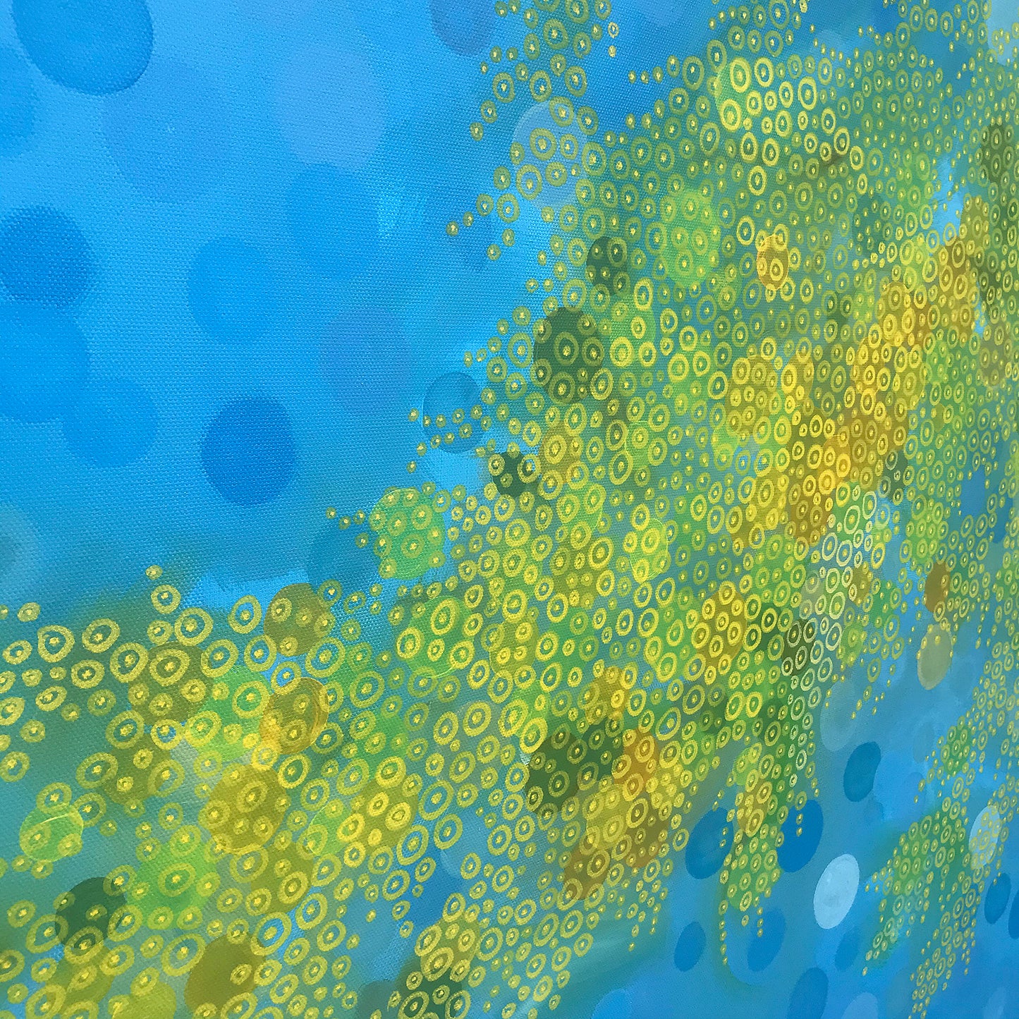 ‘Through the Wattle Tree’ – Abstract Landscape Painting by Jennifer Bell | Bold Blue Sky with Wattle-Inspired Patterns