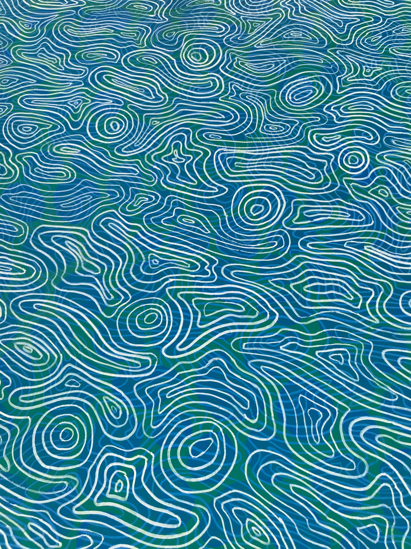 Detail  of abstract painting featuring flowing white contour lines layered over a gradient blue background, inspired by water ripple patterns.
