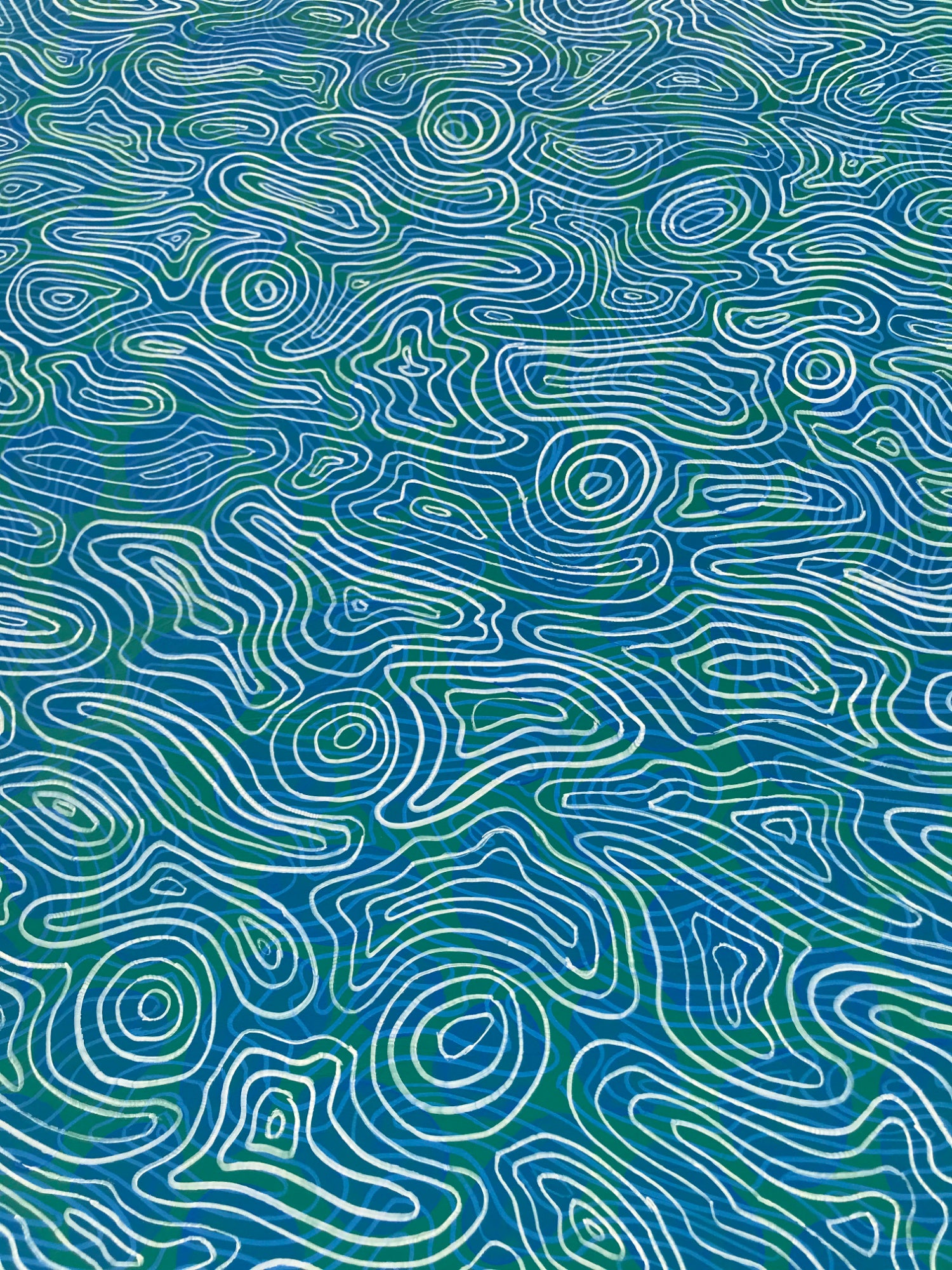 Detail  of abstract painting featuring flowing white contour lines layered over a gradient blue background, inspired by water ripple patterns.