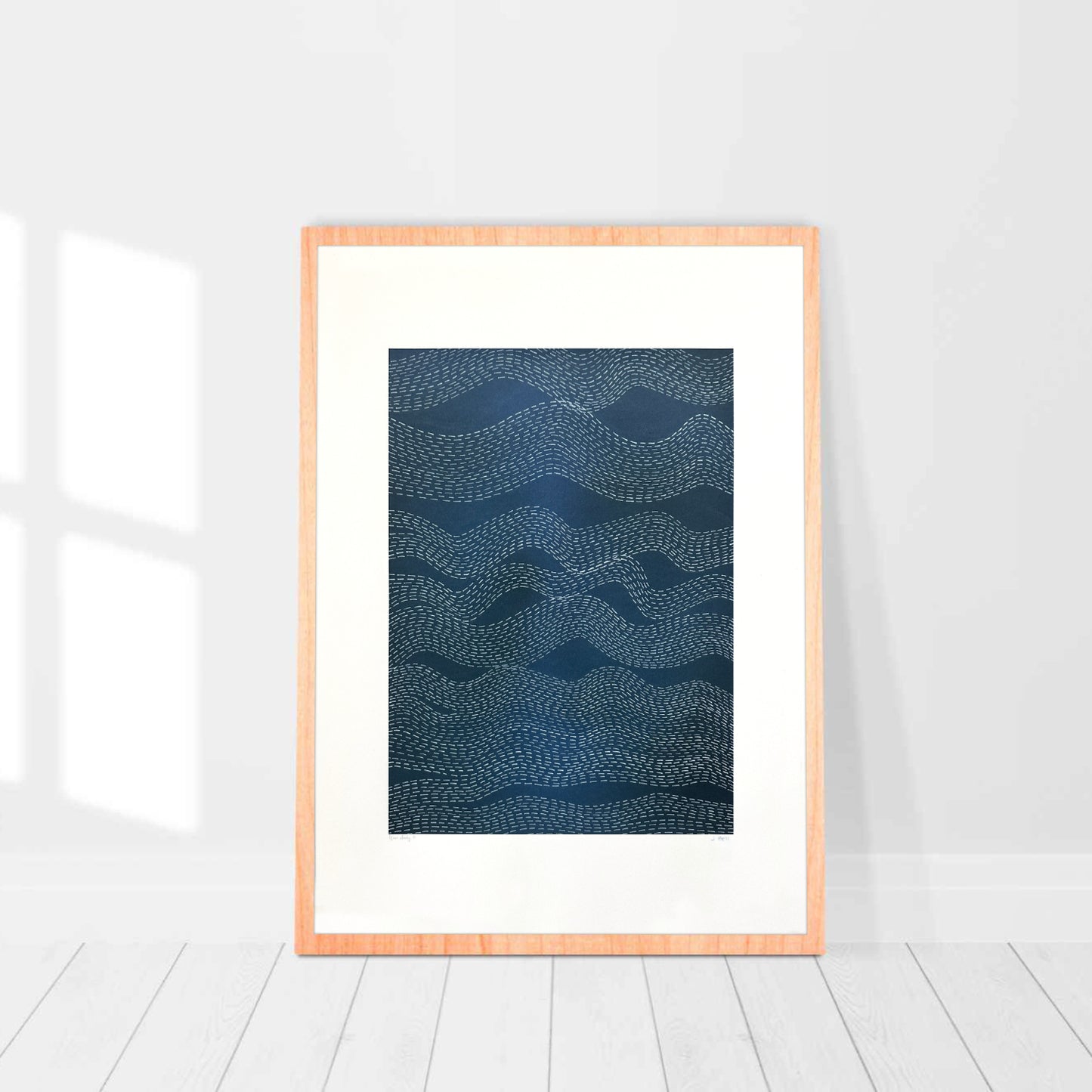 ‘Wave Study IV’ – abstract blue artwork by Jennifer Bell with rhythmic white dashes suggesting wave motion and tidal flow