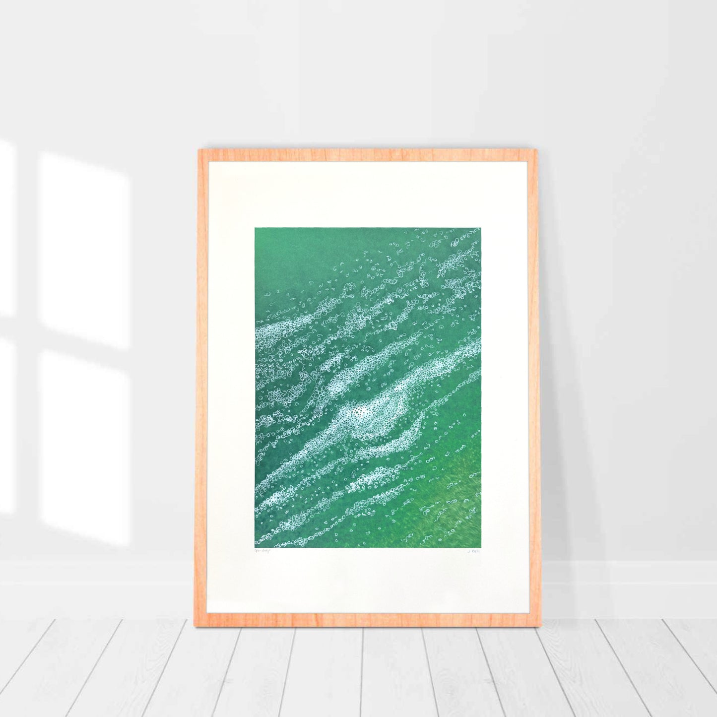 ‘Wave Study V’ – abstract ocean-inspired artwork by Jennifer Bell with green and white mark-making evoking wave movement and seafoam