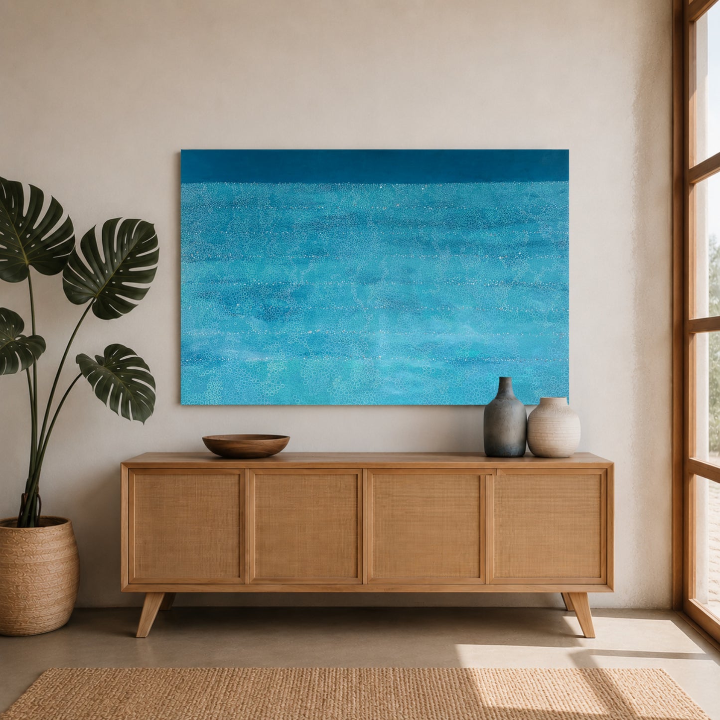 Large blue abstract painting displayed above a timber sideboard in a bright coastal-inspired interior. Natural textures, decorative ceramics and indoor plants complement the artwork's ocean-inspired palette, creating a calm and sophisticated living space.
