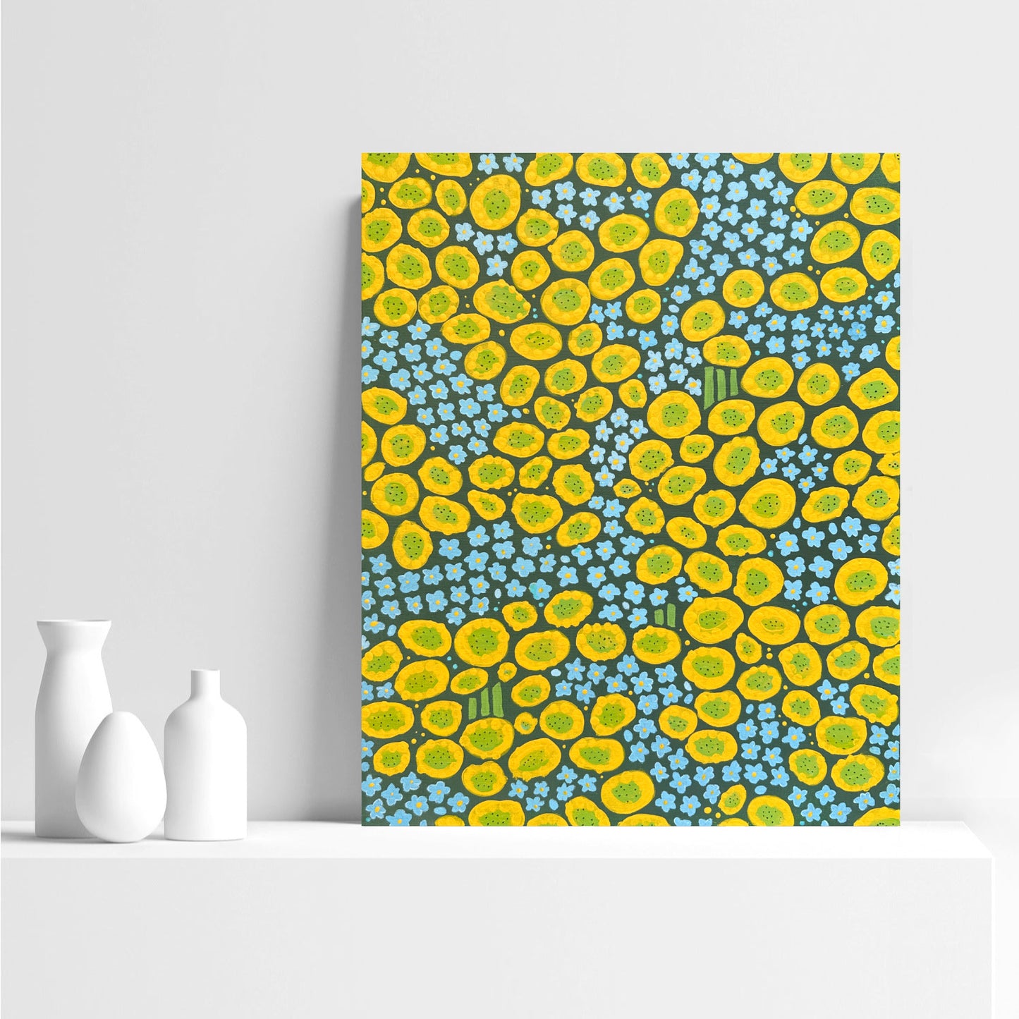 Flower Garden V – Vibrant Floral Abstract Painting in Yellow and Blue