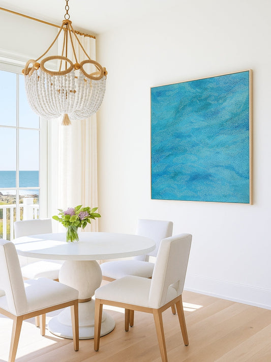 Large abstract painting in modern dining room with neutral interior styling