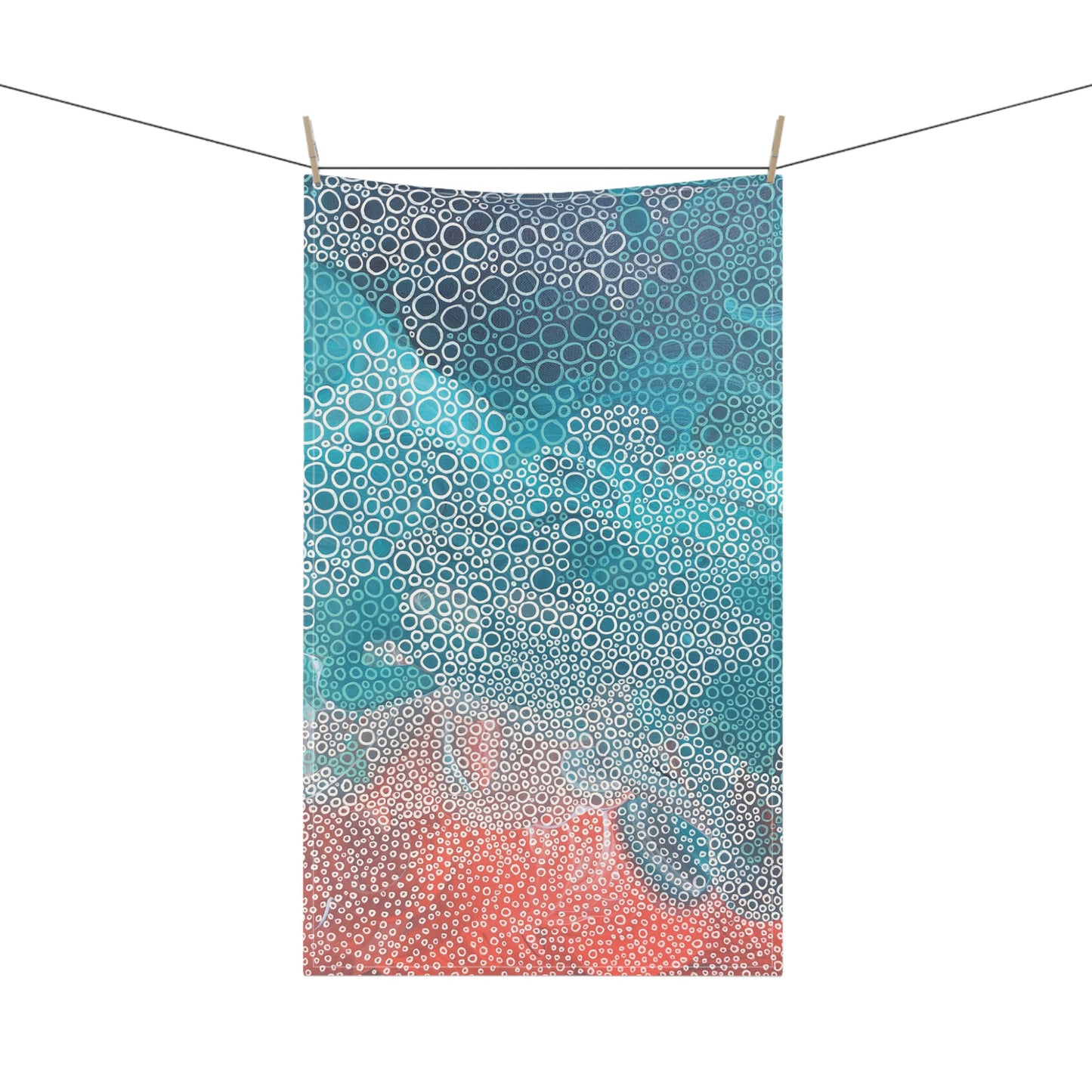 tea towel, featuring a soothing mix of seafoam turquoise, blue and coral tones