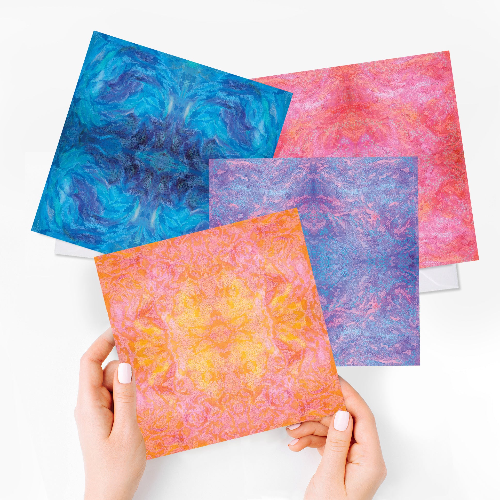 four greeting cards with colourful abstract mandala artwork