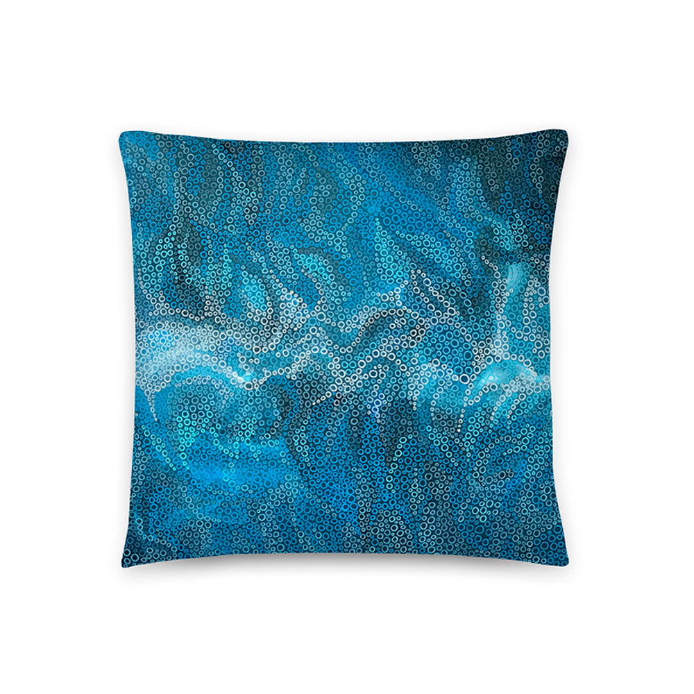 cushion cover featuring an image of an original blue abstract painting 
