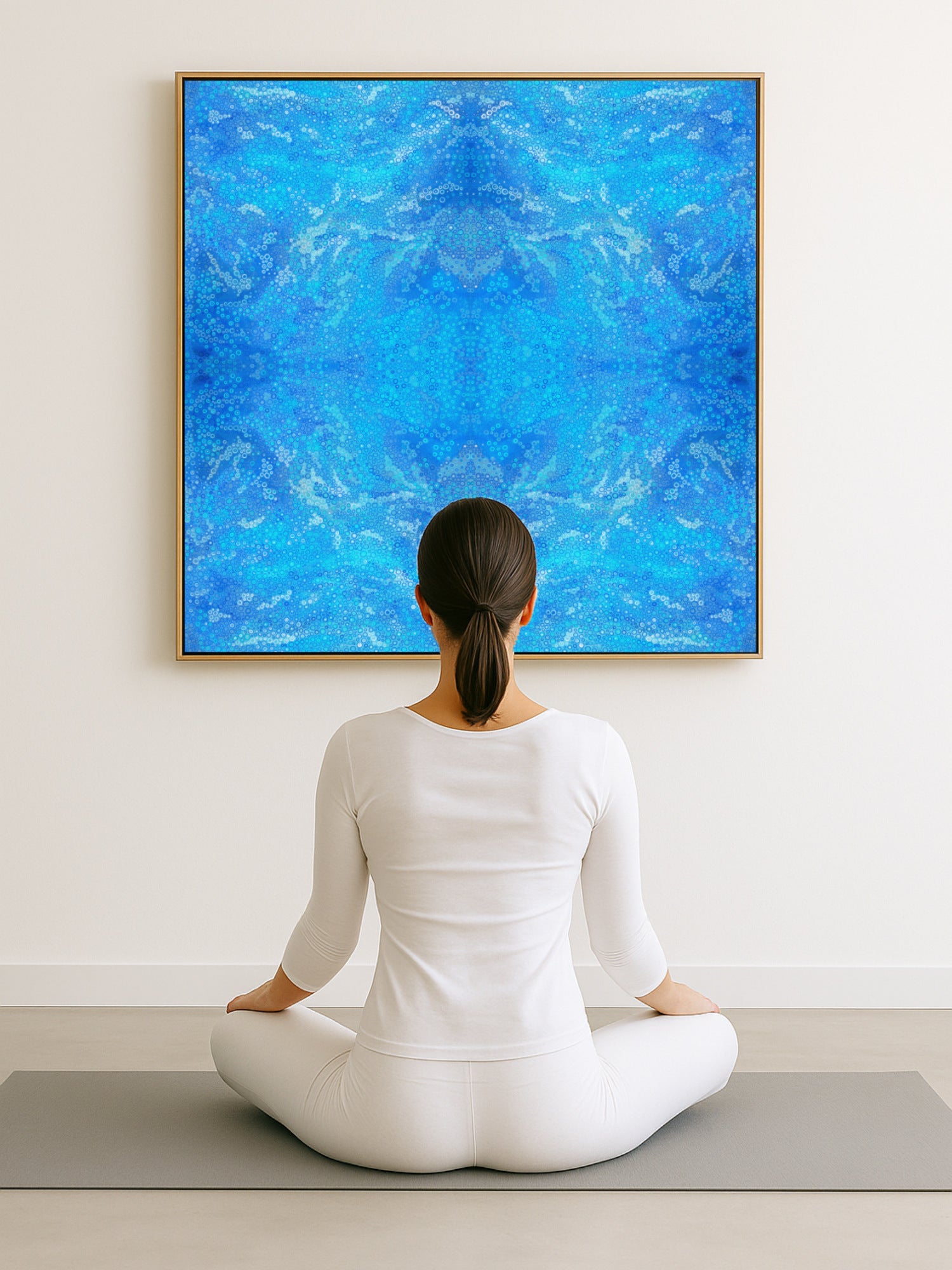 Person sitting in a meditative pose in front of a large abstract blue painting.
