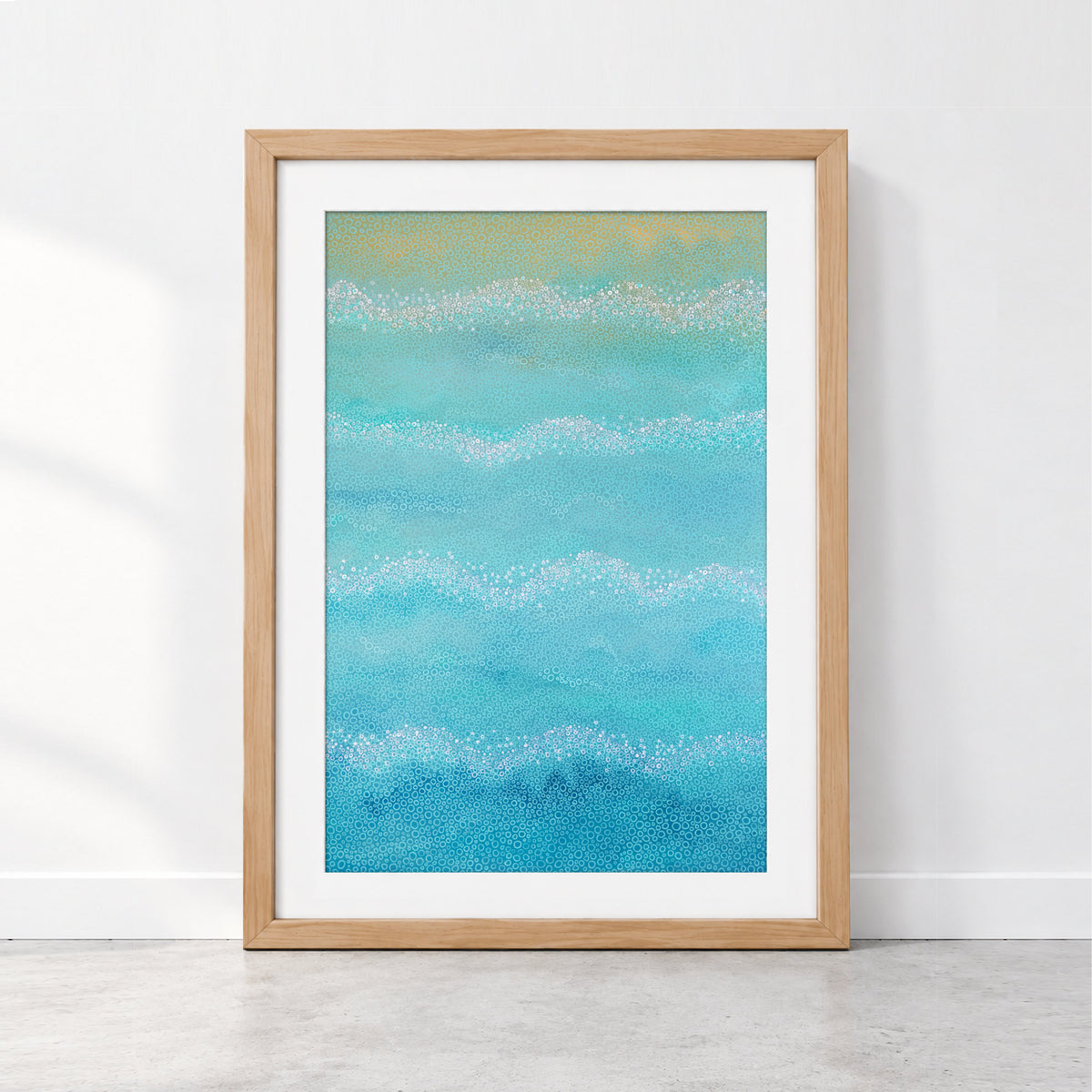 Gentle Tides limited edition coastal abstract art print in turquoise and blue with white wave-like circular patterns