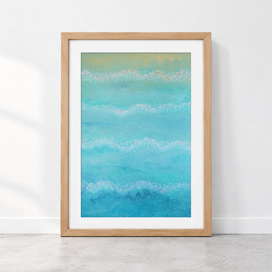 Gentle Tides limited edition coastal abstract art print in turquoise and blue with white wave-like circular patterns