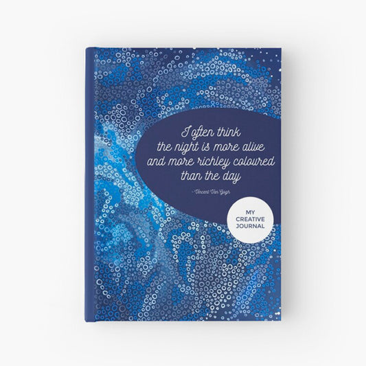 blue  hardcover journal featuring abstract painting and inspirational quote from Van Gogh