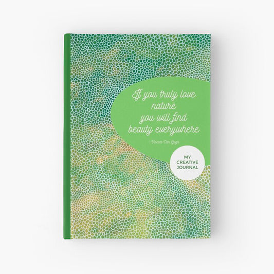 beautiful hardcover journal featuring green abstract painting and inspirational quote from Van Gogh 