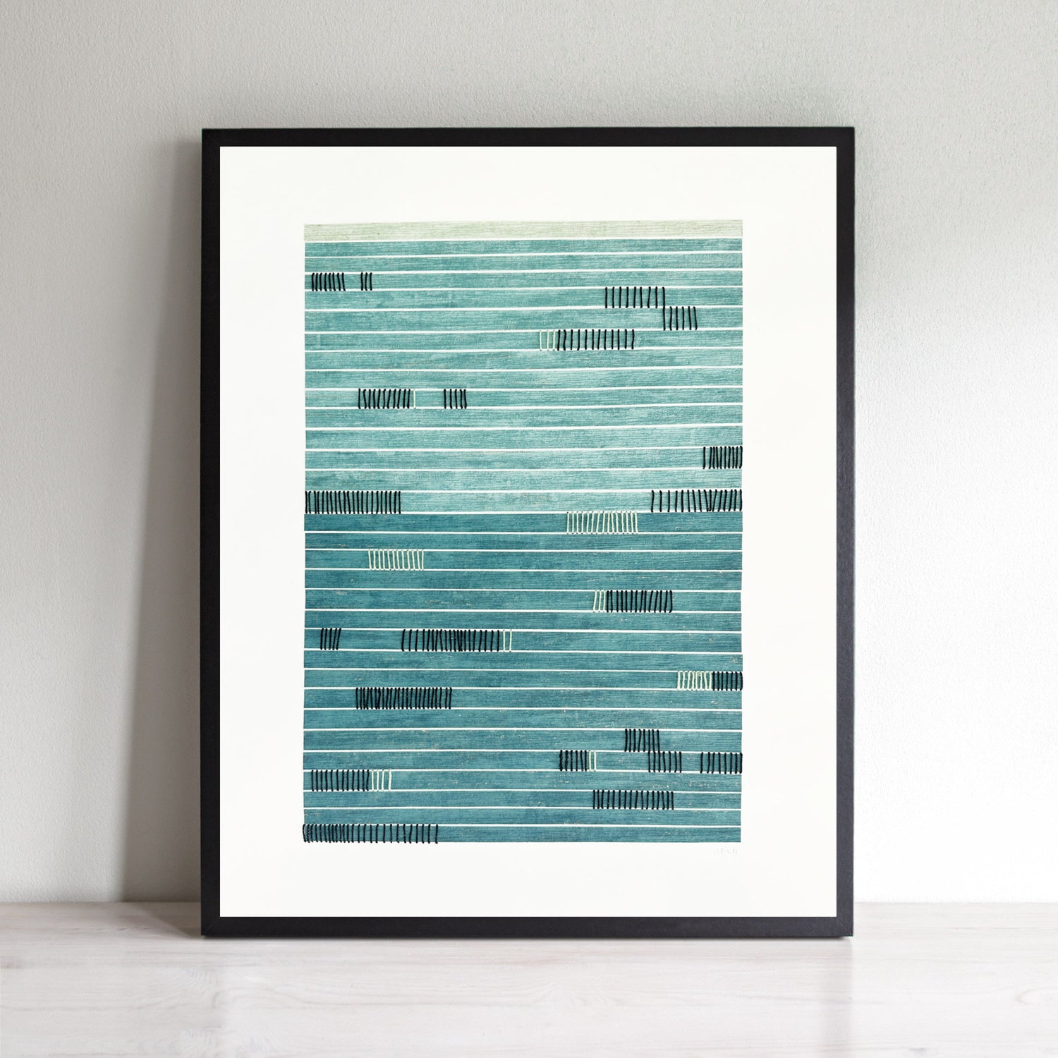 Blue and green abstract wall art with horizontal paper layers and black stitched lines, contemporary mixed media artwork by Jennifer Bell.