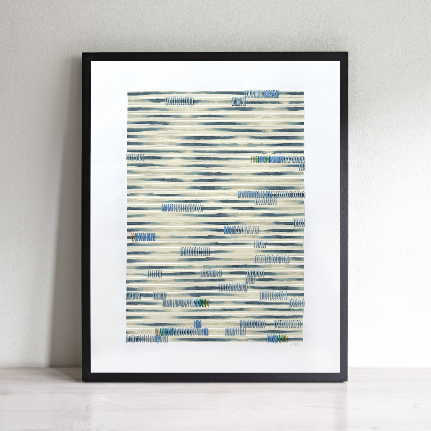 Abstract art with blue strips and hand stitching