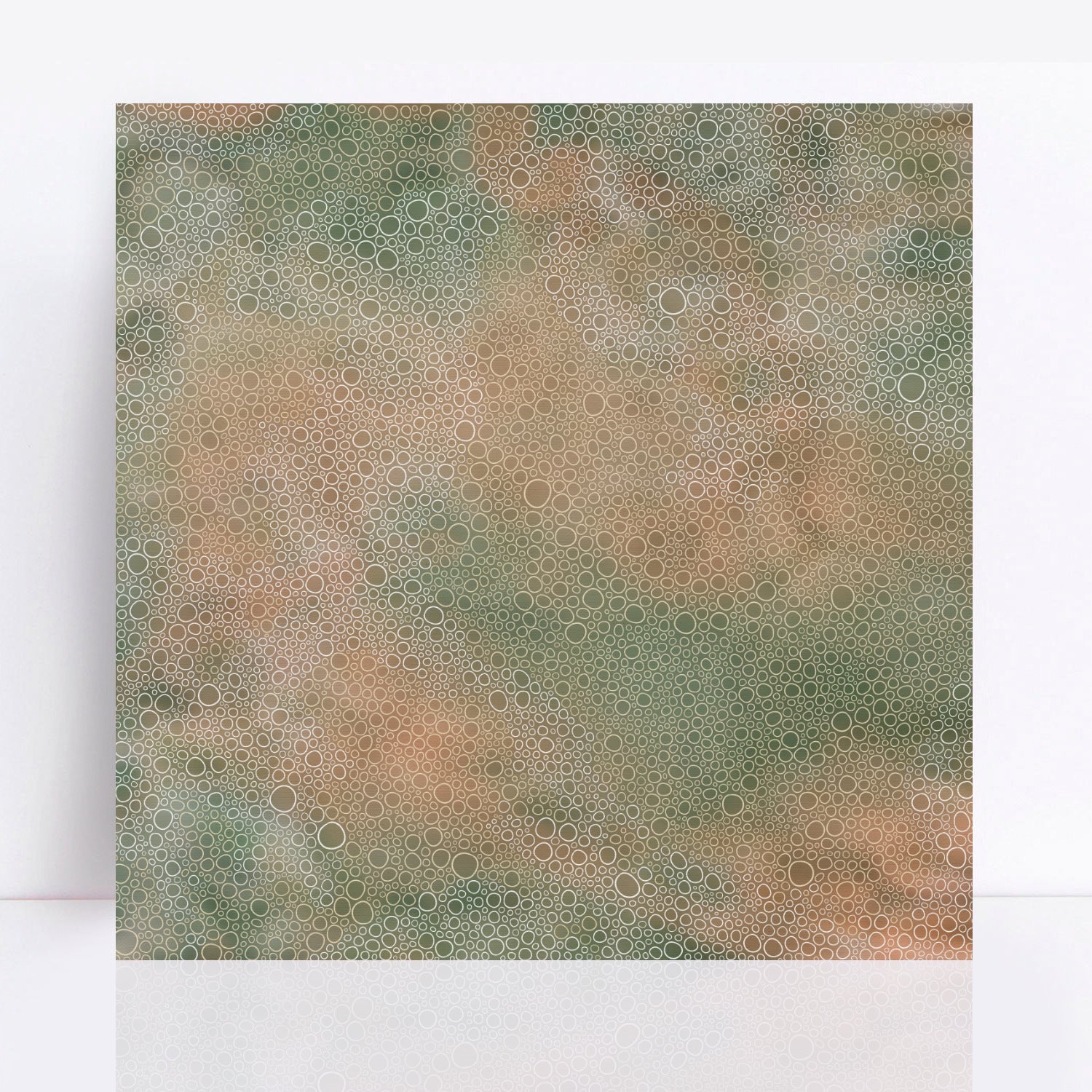  limited edition print with muted shades of soft green, sandy beige, and earthy undertones, captures the essence of serene tropical landscapes with intricate bubble-like textures 