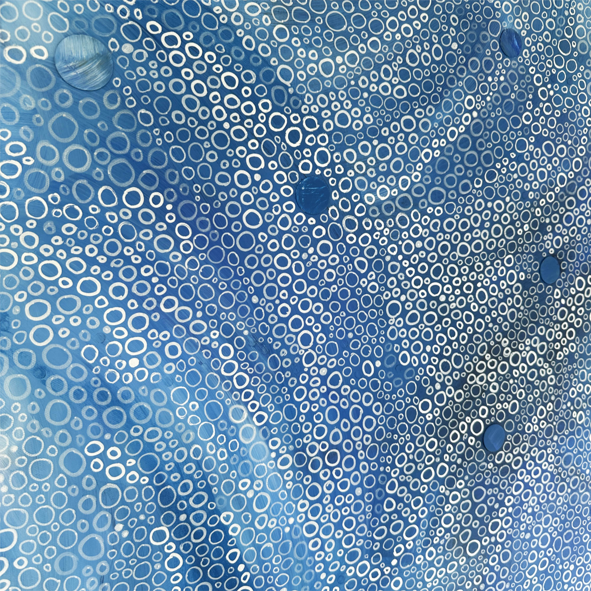 Details from square abstract painting in oceanic blues with layered paper circles and textured acrylic, evoking underwater movement, waves, and rising bubbles.