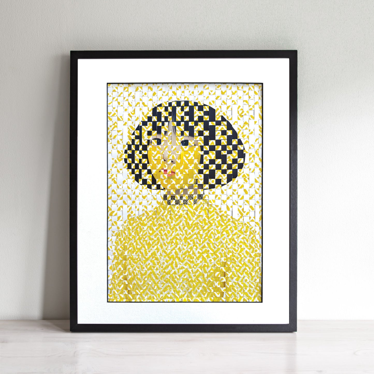 Woven portrait of a woman with yellow pattern