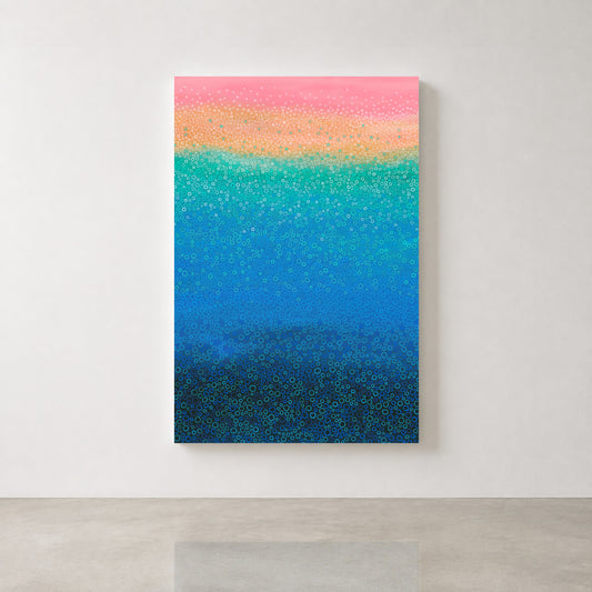 Beach Bubbles abstract fine art canvas print in blue, turquoise and pink on a minimal white wall for contemporary commercial interiors