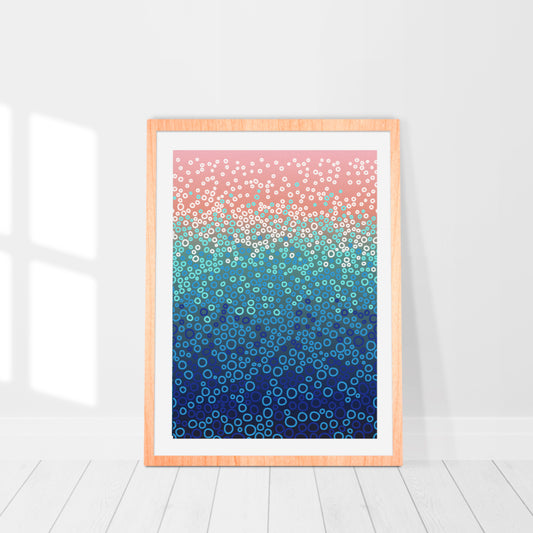  limited edition print blends soft pinks, aquas and deep blues in a mesmerising gradient. Hundreds of circles cascade across the image