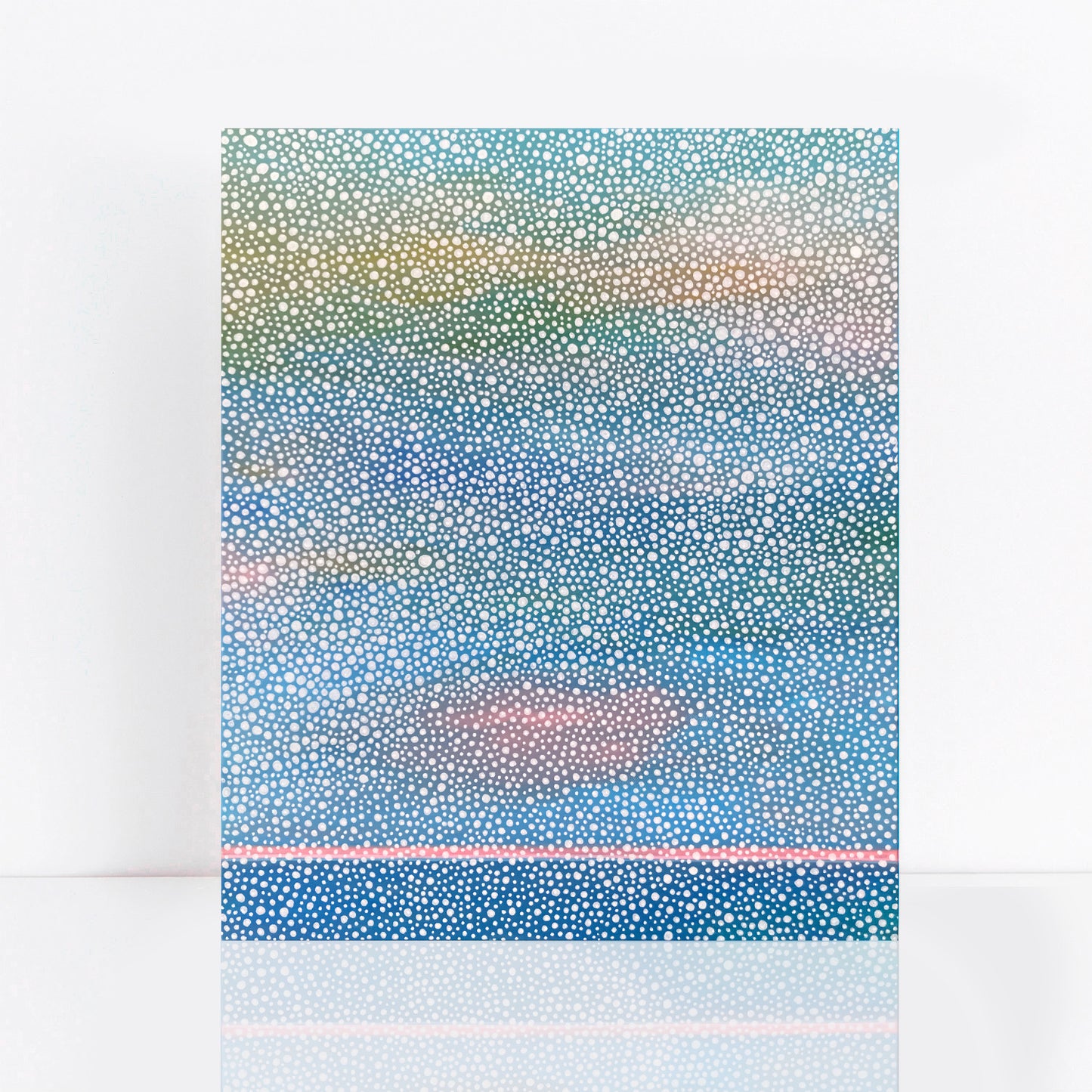 dot painting of a beach horizon with clouds and sea