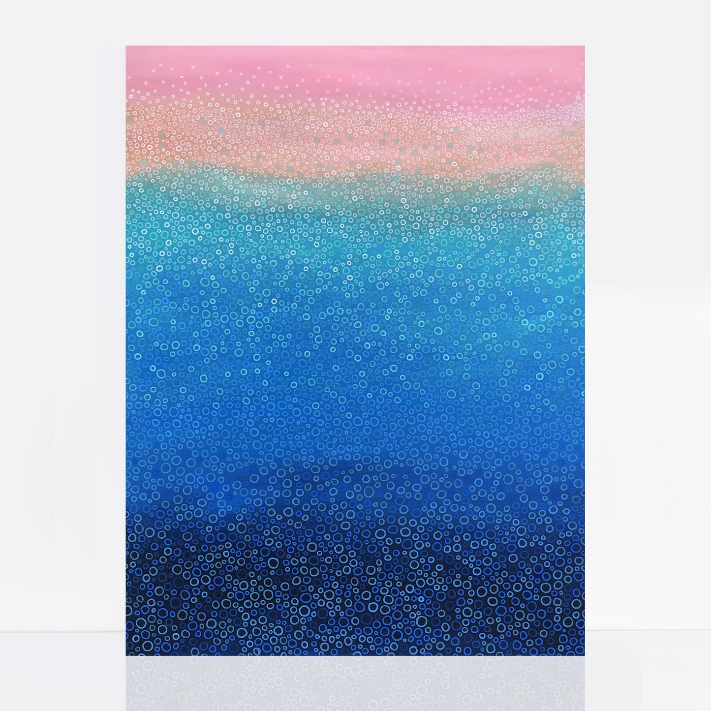 abstract painting in blues, soft pinks and turquoise with hundreds of painted circles 