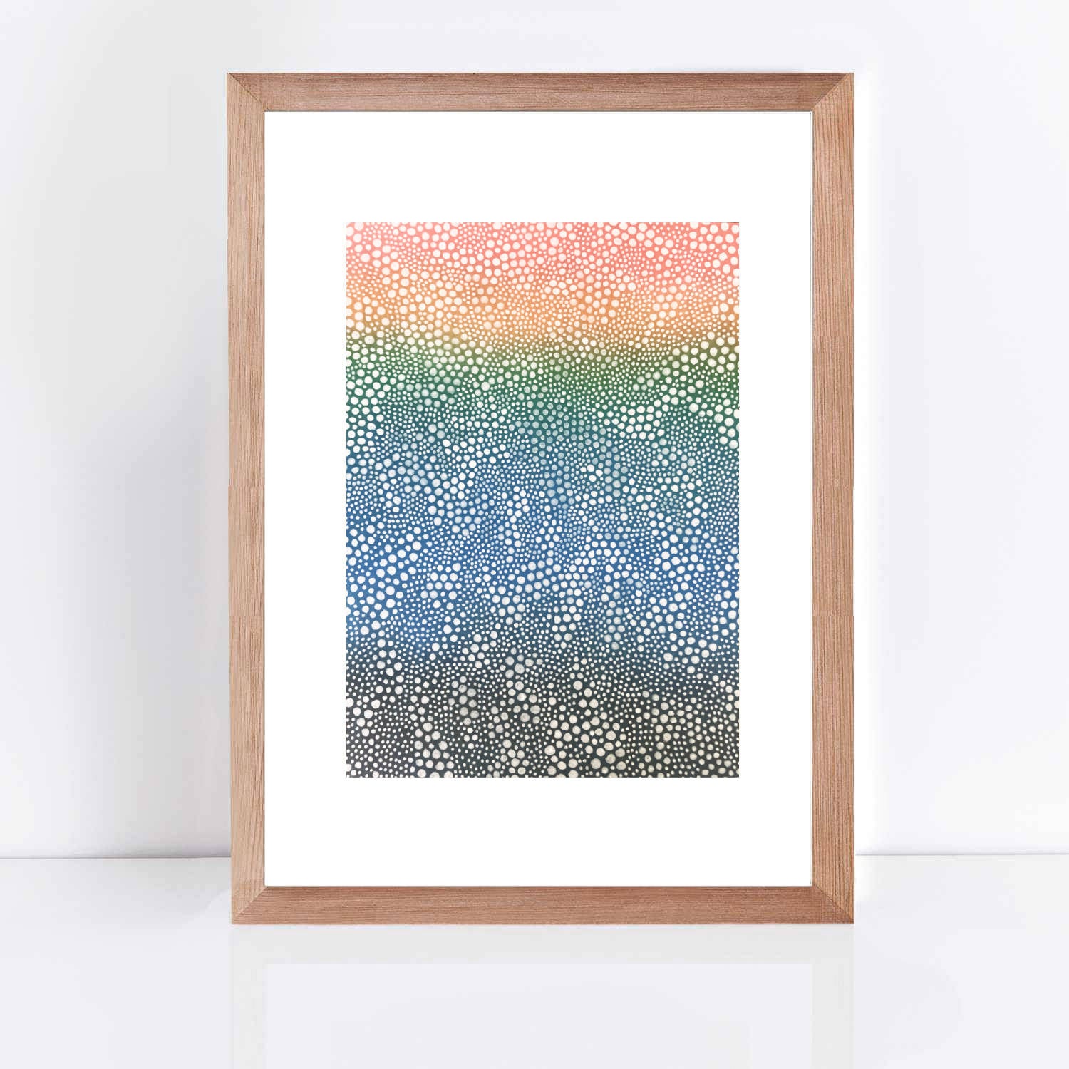 A colourful artwork on paper. Multicoloured background covered in dots.