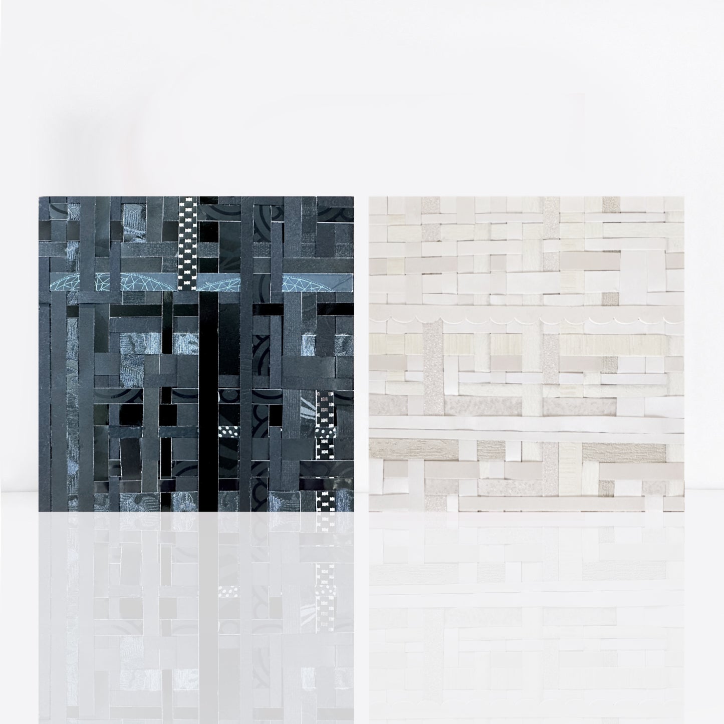Abstract black and white woven paper diptych made from recycled paper, two 6 × 6 inch square artworks displayed side by side.