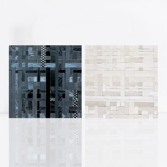 Abstract black and white woven paper diptych made from recycled paper, two 6 × 6 inch square artworks displayed side by side.