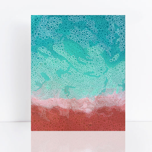 abstract painting of turquoise sea meeting red coastline