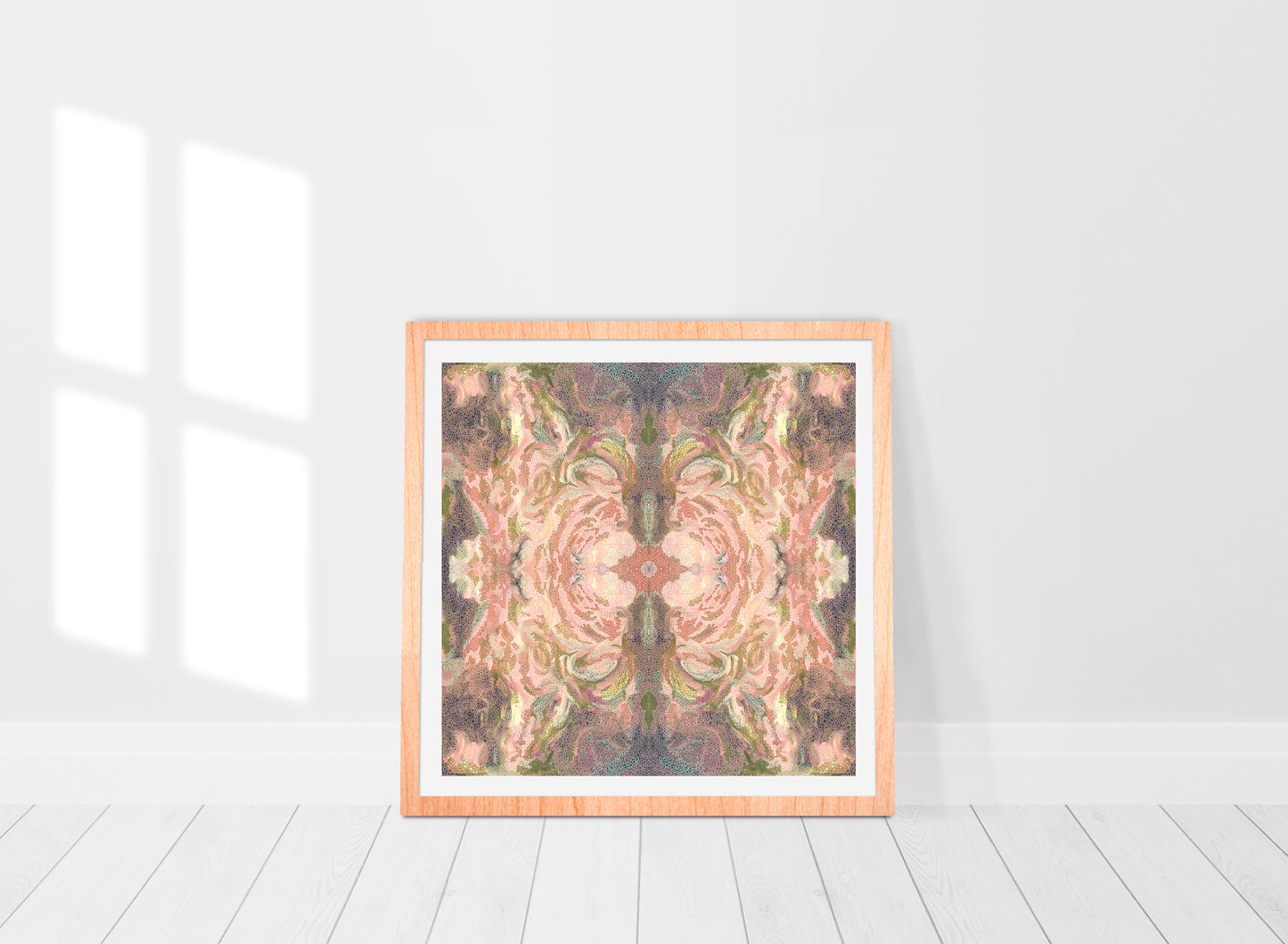 earth toned abstract limited edition mandala print in a room framed