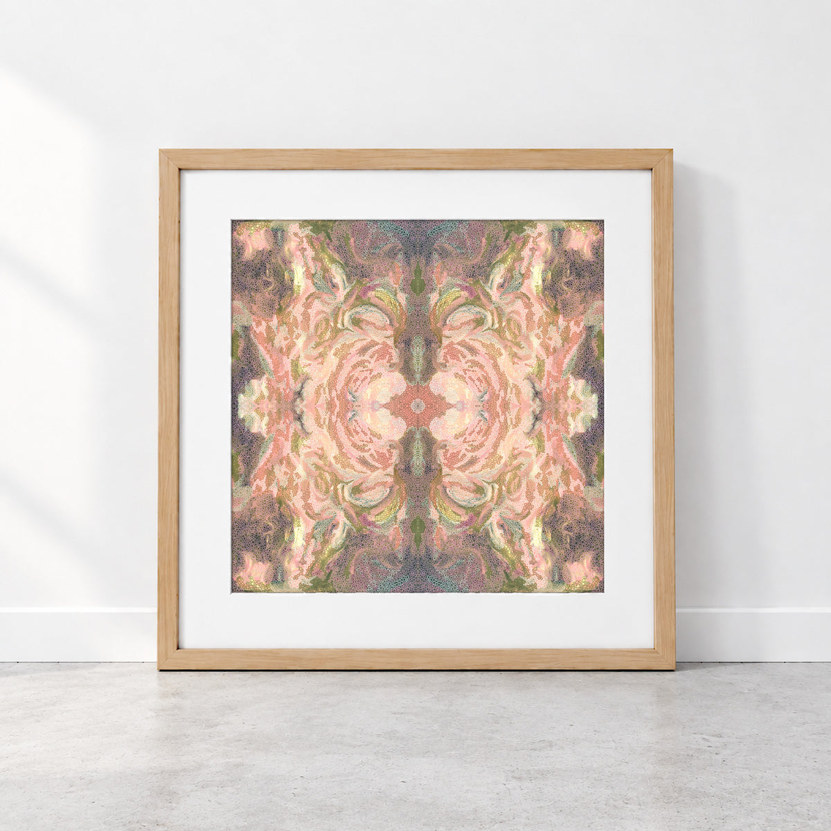 Earth Mandala limited edition abstract art print in earthy green, terracotta and pink with intricate circular patterns