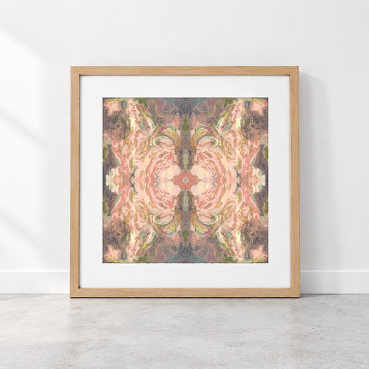 Earth Mandala limited edition abstract art print in earthy green, terracotta and pink with intricate circular patterns